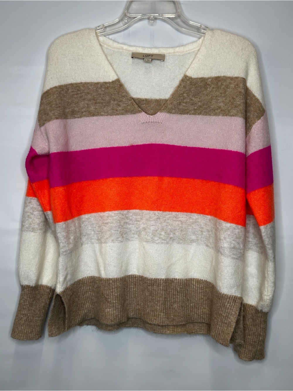 LOFT V-Neck Striped Sweater in Hot Pink, Orange & Neutral Stripes